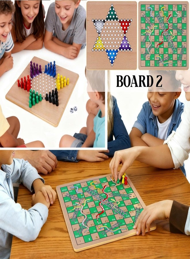 Glintoper 5-in-1 Wooden Board Game with 2 Reversible Boards for Chess, Checkers, Chinese Checkers, Snakes and Ladders, Tic Tac Toe, Tabletop Combo Classic Portable Board Games for Kids to Adult - Image 5